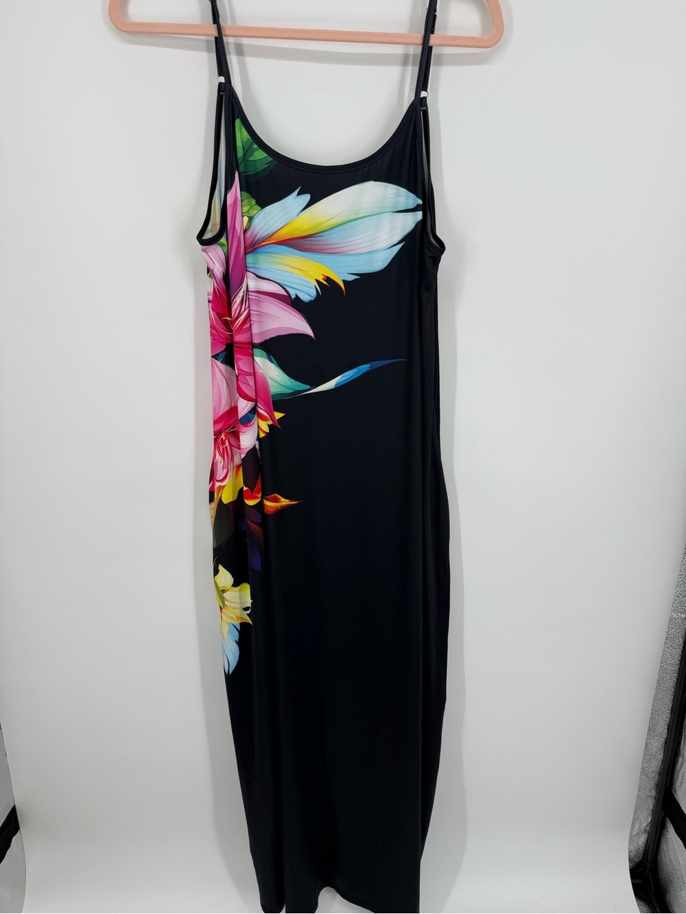Black Floral Maxi Slip Dress Multicolor Bloom large Pocket Adjustable straps